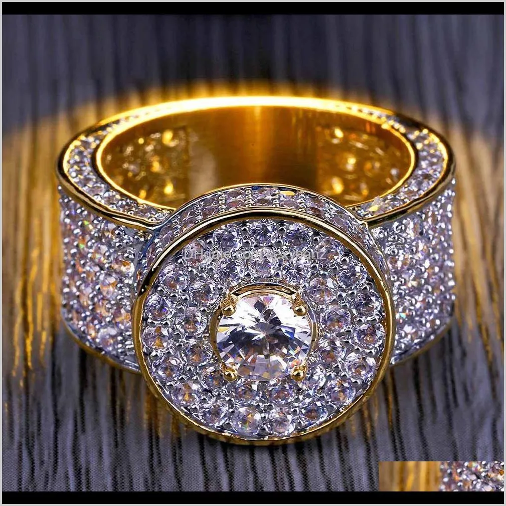 hot european and american men`s classic gold ring genuine gold plated with tiny zircons hip-hop rings