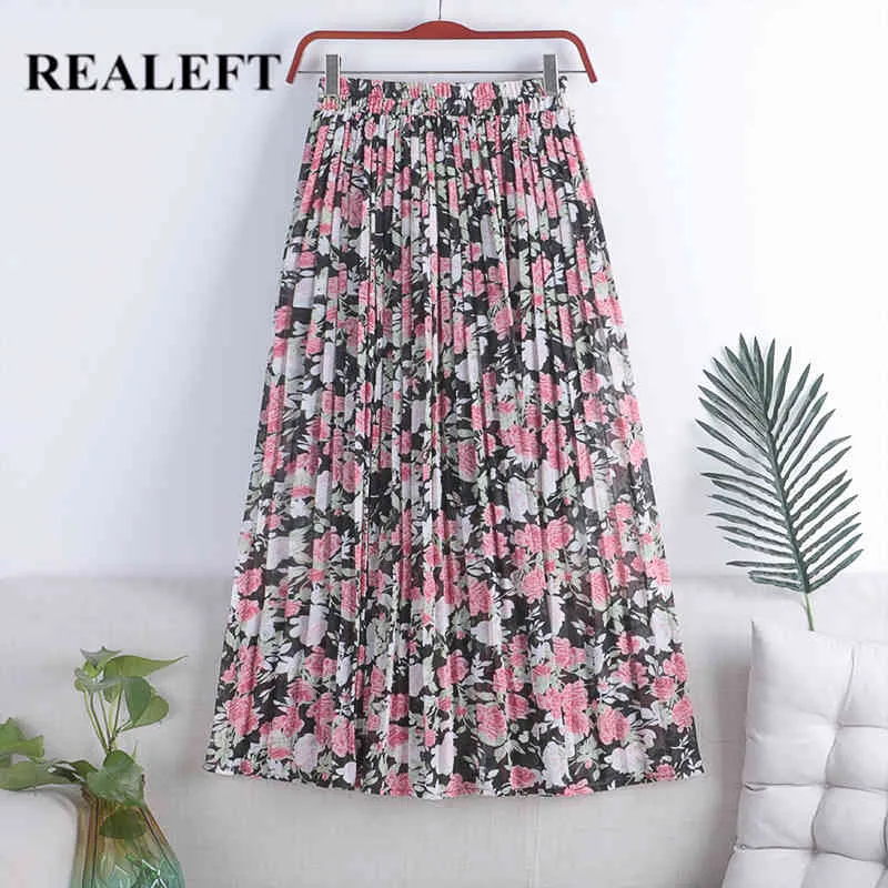 Summer Vintage Floral Print Pleated Women's Long Skirt Chiffon High Waist Loose Female Umbrella A-Line Skirts 210428