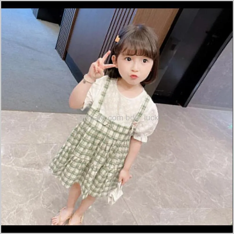 Summer Cute Baby Girls Puff Sleeve Plaid Dress Kids Clothes Floral Embroidery Princess Dresses Casual Children Clothing 2-6Y Girl`s