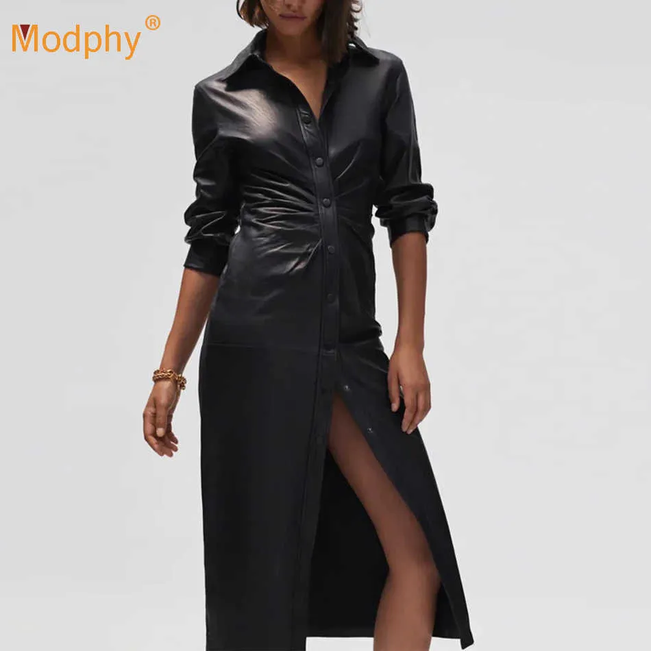 Sexy Lapel Z Długim Rękawem Single Breasted Plised Black PU Leather Midi A-Line Dress Winter Club Party Vestidos 210527