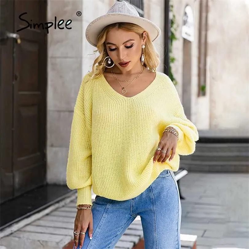 Minimalista V Neck mulheres fina camisola casual lanterna manga solta amarelo cor de jumper escritório macio feminino fêmea malha pullover 211018