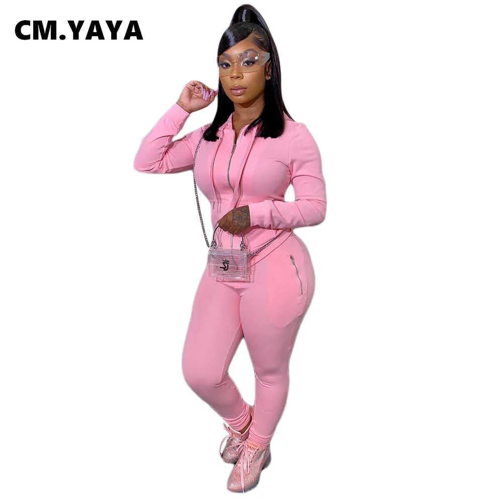 CM.yaya Sportwear Solidna damska Zestaw Zipper Bluzy Topy Jogger Spodnie Zestaw dresu Fitness Active Strój Dwuczęściowy Dopasowany zestaw Y0625