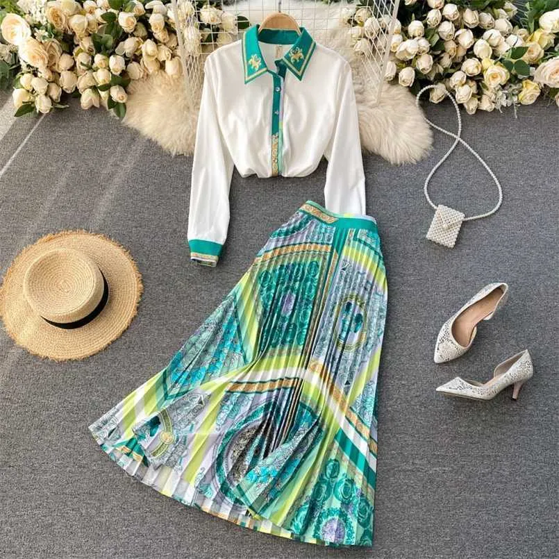 Primavera moda runway midi saia conjuntos de manga comprida feminina contraste cor verde camisa branca e saias plissadas duas peças terno 211101