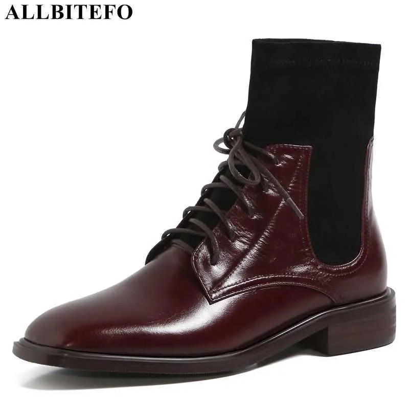 ALLBITEFO cross attaché en cuir véritable femmes bottes marque chaussures à talons hauts bottines pour femmes bureau travail chaussures moto bottes 210611