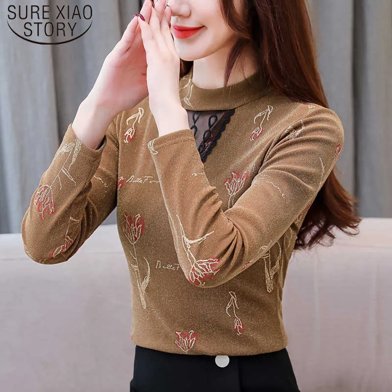 Fashion Autumn Winter Long Sleeve Mesh Lace Semi-high-collar Women Blouses Hollow Sexy Print Women Tops Plus Size 7722 50 210527