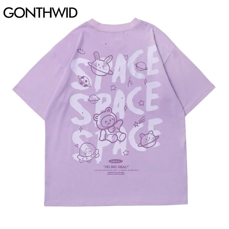 GONTHWID Harajuku T-shirts Dessin Animé Ours Lapin Espace À Manches Courtes T-shirts Chemises Streetwear Hip Hop Mode Casual Coton Lâche Tops 210726