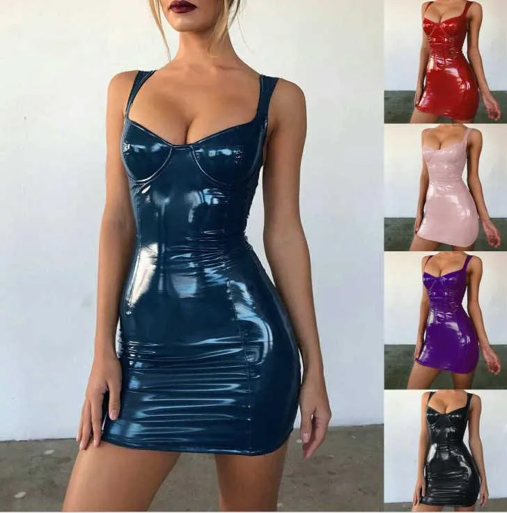 Casual Dresses Hirigin Frauen Latex Kunstleder Minikleid 2021 Sommer Strap Sexy Club Vestido