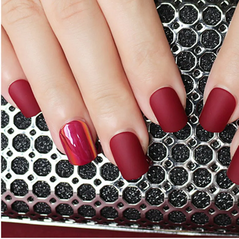 Press On Gel Nails Kit Pretty Matte Wine Red Artificial Nail Art Shell Effect Manicure Set