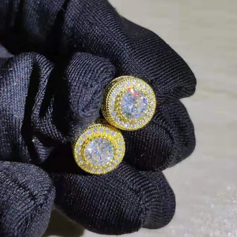 Orecchino a bottone da uomo in cristallo rotondo CZ Colore oro bianco Micro pavé di zirconi cubici Orecchini a bottone da sposa hip-hop per le donne Accessori per gioielli orecchio di moda