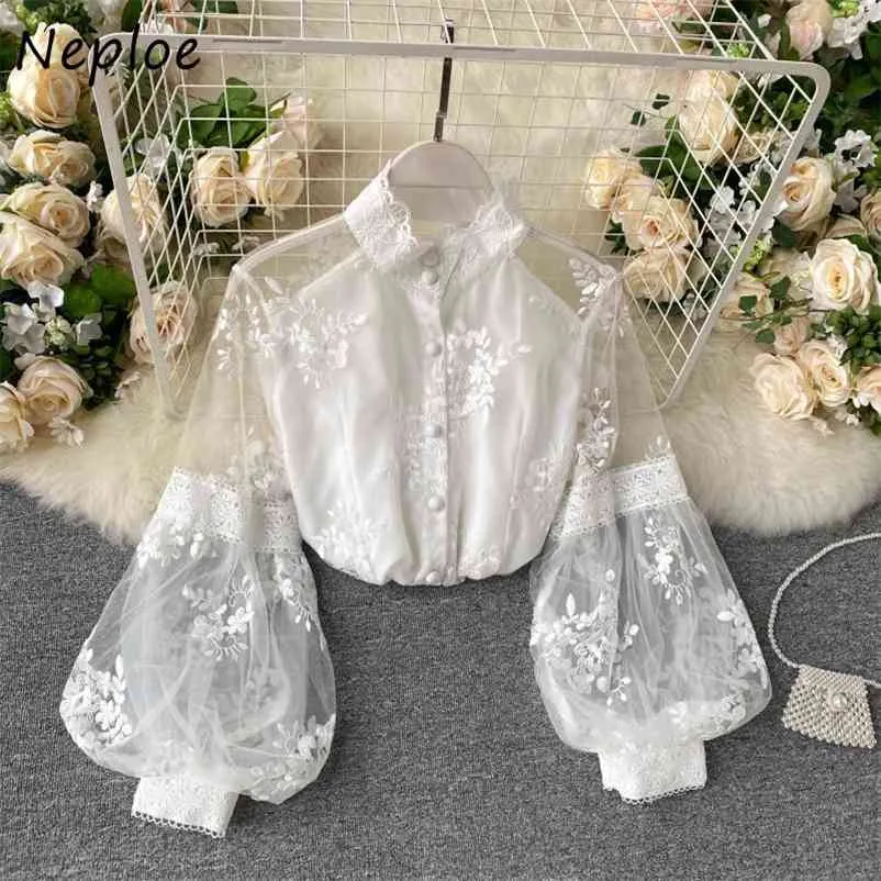 Elegant Lace Flower Embroidery Blouse Women Stand Collar Puff Long Sleeve Loose Blusas Spring Shirt Feminino 210422