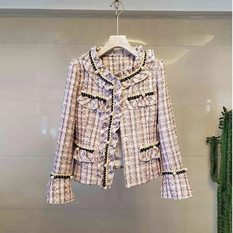 Vintage Rosa Plaid Weben Tweed Frauen Flare Langarm Perlen Patchwork Rüschen Wolle Jacke Mantel Elegante Dünne Outwear 210416