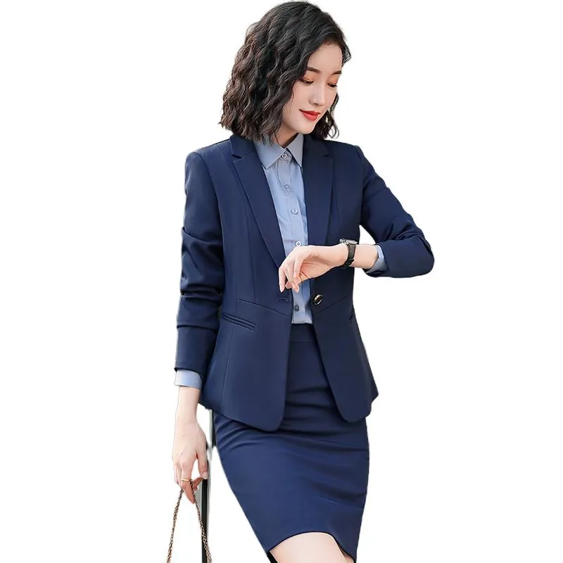 Blazer formal azul marinho para mulheres saia ternos escritório senhoras roupas de trabalho conjuntos de jaqueta de manga longa estilos OL vestidos