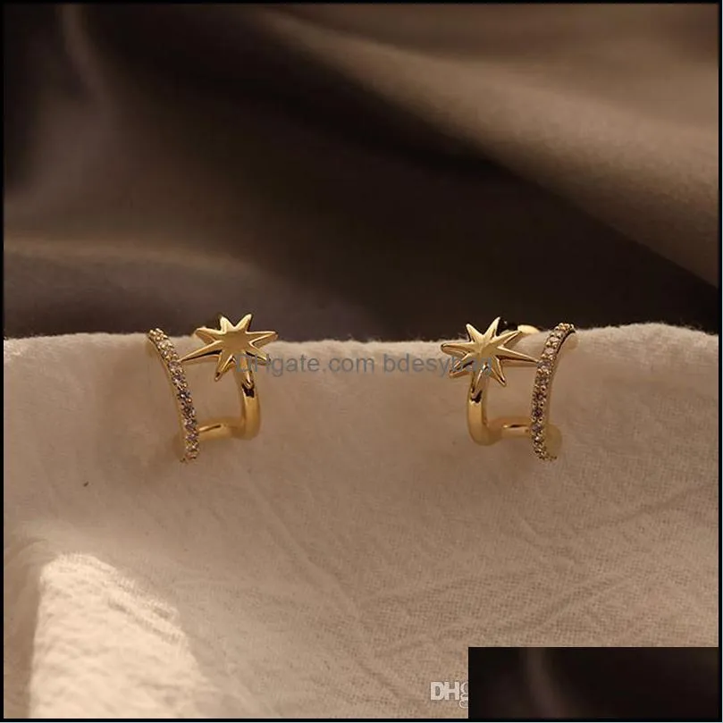 Peri`sBox Eight-pointed Star CZ Stone Small Earrings Open Circle Gold Stud Earrings for Women Korean Style Dainty 2019