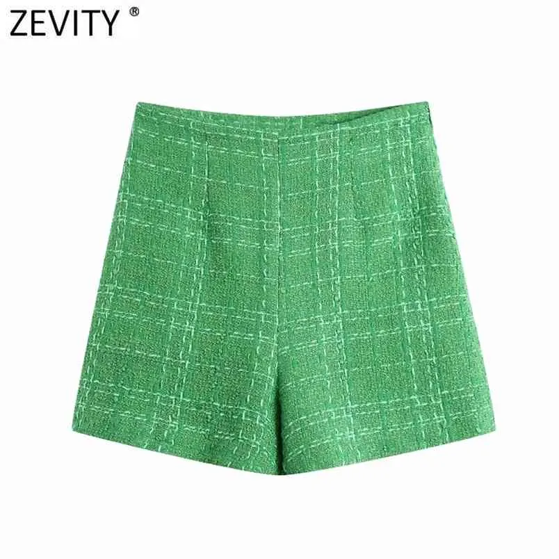 Women Fashion Green Color Tweed Woolen Bermuda Shorts Skirts Lady Side Zipper Chic Casual Slim Pantalone Cortos P1024 210420