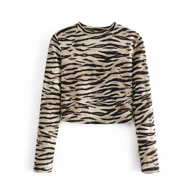 Vårkvinnor Leopard Print O Neck Sexig Kort T-shirt Casual Kvinna Långärmad Skörd Tops T1396 210430