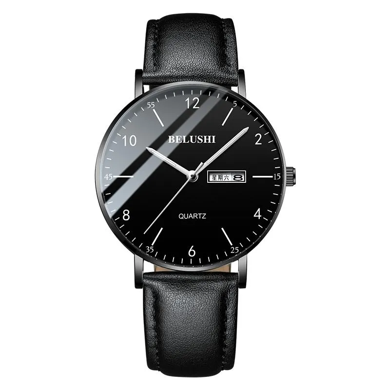 Armbanduhren Marke Herrenuhr Ultradünne Stahlgeflecht Quarz-Armbanduhr Dual-Kalender Einfache schwarze Uhr Mode Casual Business