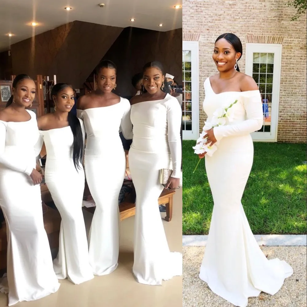 2021 Elegant Black Girls Sexy White Mermaid Bridesmaid Dresses Long Sleeves Party Wedding Guest Gowns Maid Of Honor Dress Sweep Train