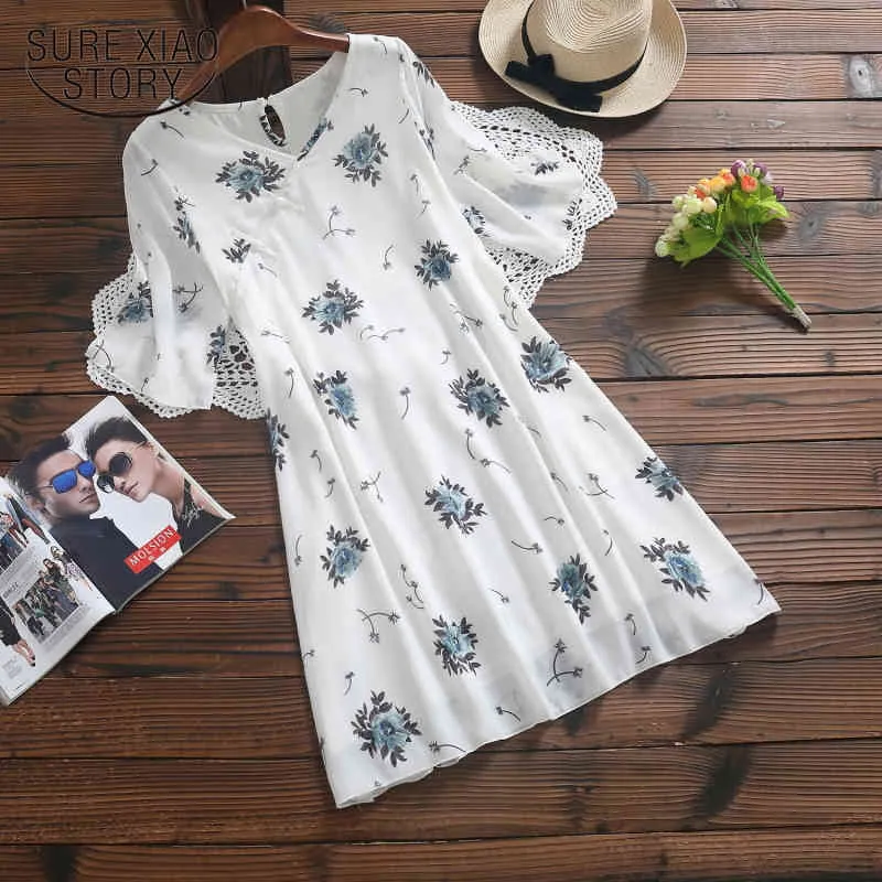 Summer Dress Women Chiffon Knee-length Loose Plus Size Short Sleeve Floral Print Sweet White Dresses 8774 50 210417