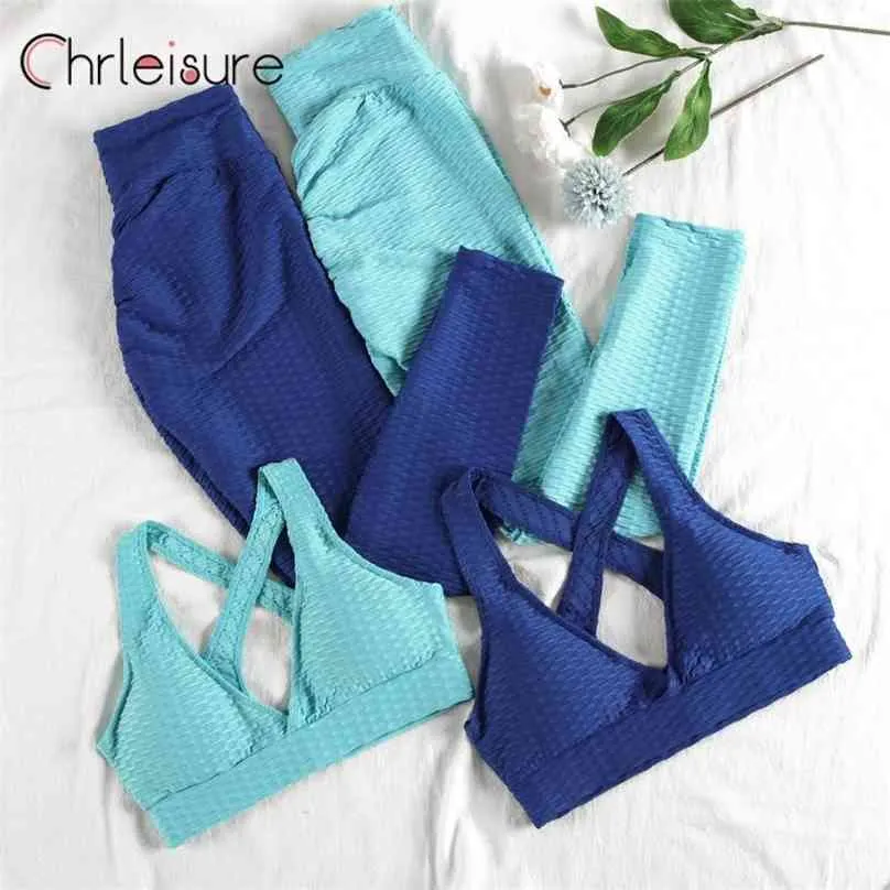 CHREISURE 2 Piece Workout Yoga Set Kvinnor Sport Top och Byxor Anti Cellulite Två uppsättningar Tracksuits Shorts Leggings Passar 210802