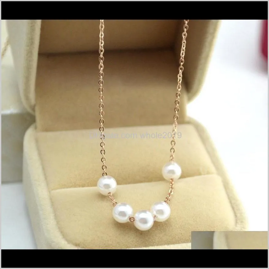 yun ruo new summer style five pearls necklace titanium steel rose gold color fashion woman jewelry gift never fade shipping