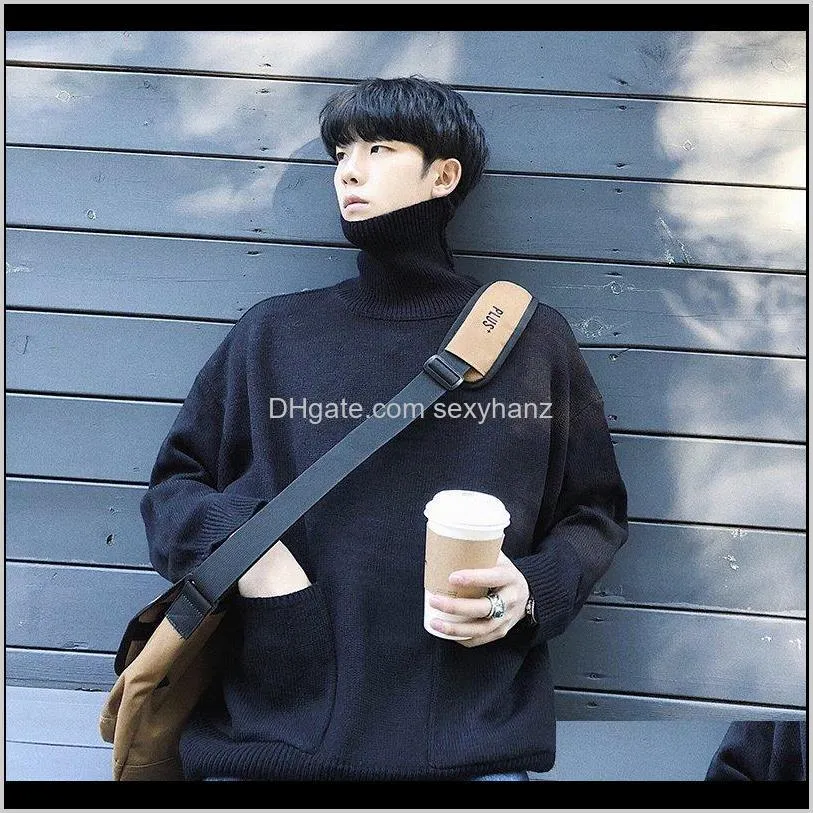 2018 autumn and winter high collar double pocket sweater solid color casual pullover white / black / blue red army green 9ihq#