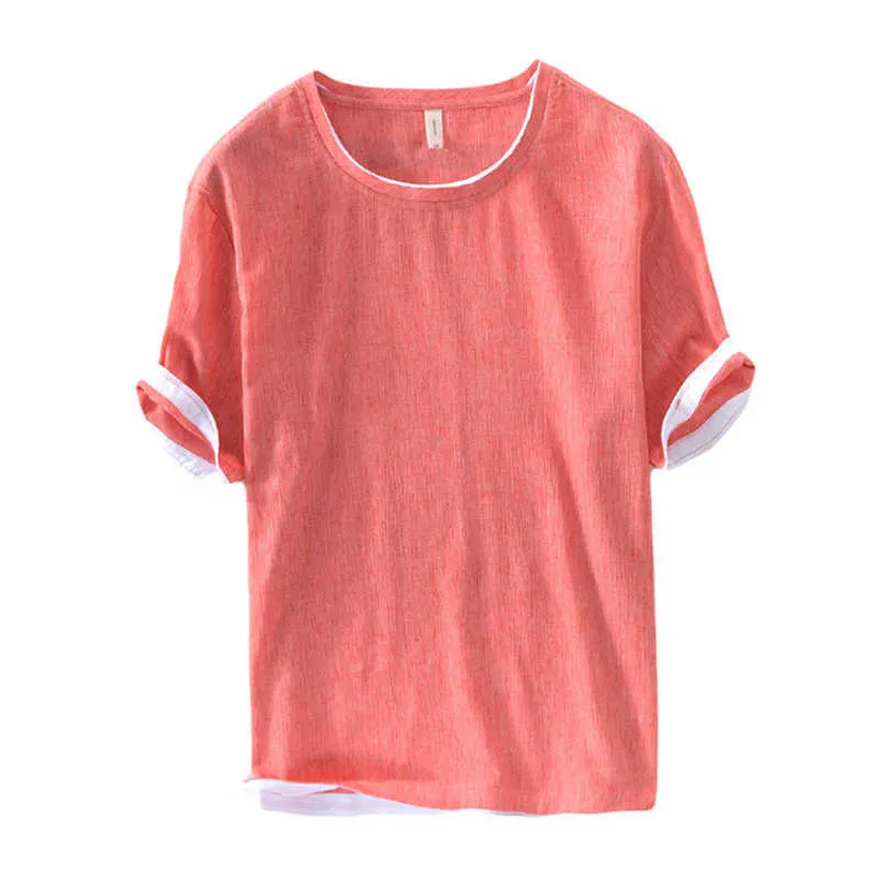 Röd kortärmad T-shirts för män Lösa Casual Toppar Tees O-Neck Cotton Patchwork Thin Section Mäns mode kläder 210601