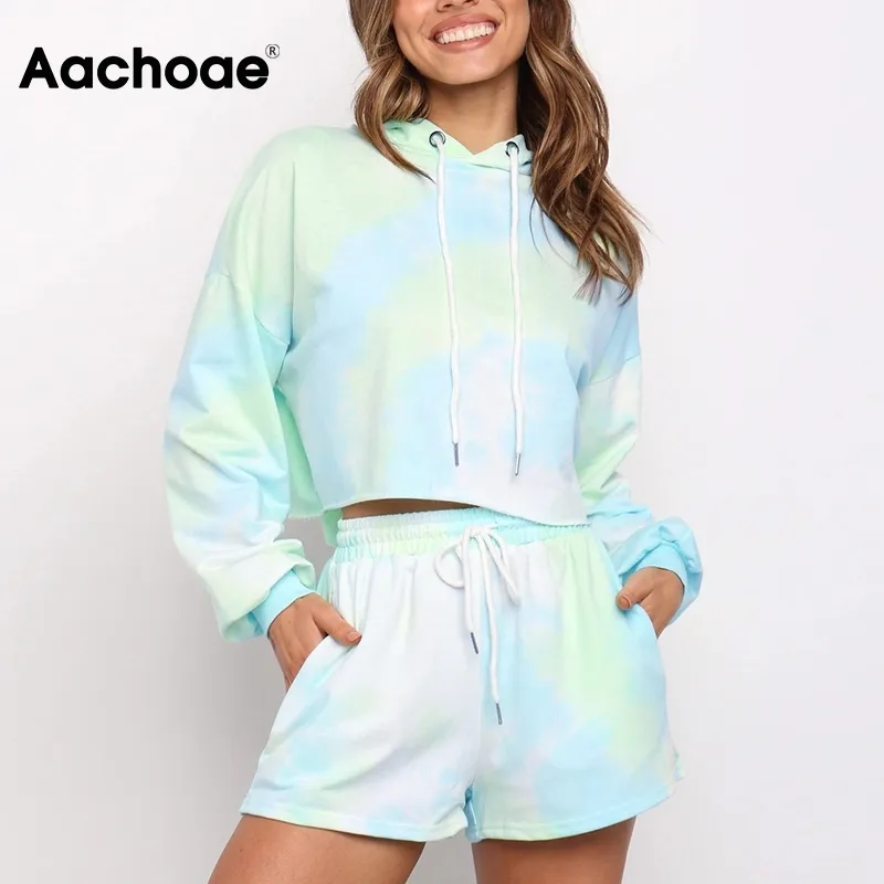 Aachoae Fashion Tie Dye 2 Piece Set Women Batwing Sleeve Loose Hooded Croped Tops Casual Drawstring Shorts Lady Sets Ropa Mujer 210413