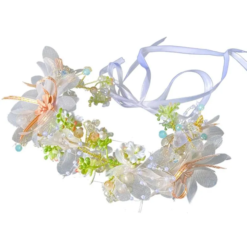 Headpieces T84B Bride Princess Artificial Flower Garland Crown With Adjustable Ribbon Wedding Hair Wreath Tiara Headband Wrist Bracelet