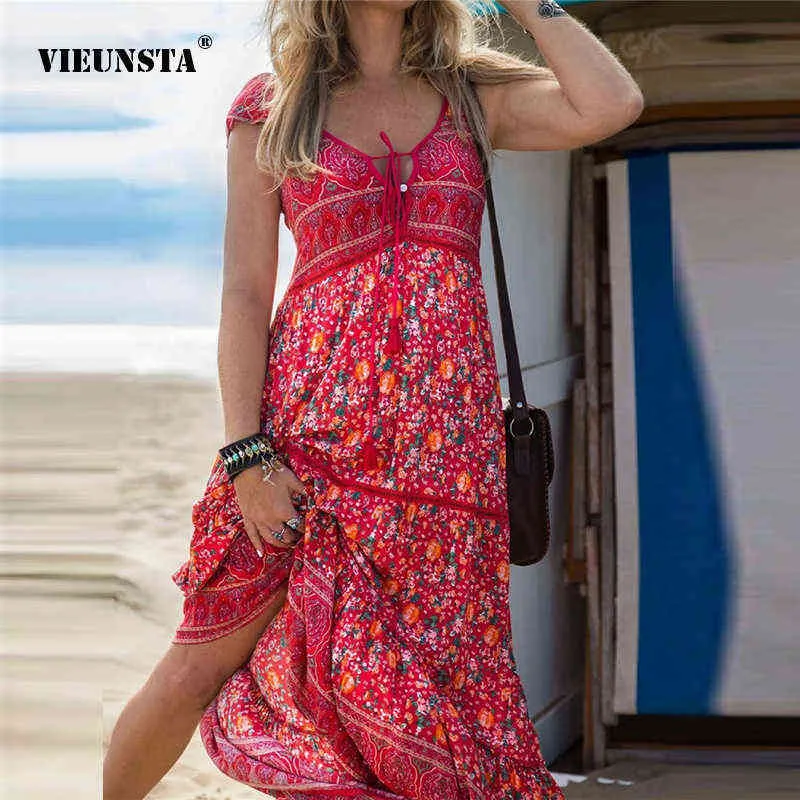 2021 Vintage New Floral Print Lange Kleider Sexy Lace-Up V-ausschnitt Sling Strand Maxi Kleid Frauen Ärmelloses Backless boho Party Kleid Y0726