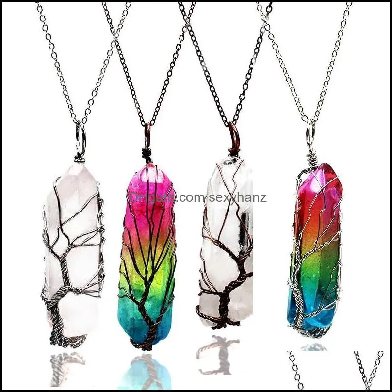 Pendant Necklaces Irregular Long Strip Of Vacuum-plated Healing Natural Crystal Tree Life Wire Wrapped Quartz Chakra Necklace