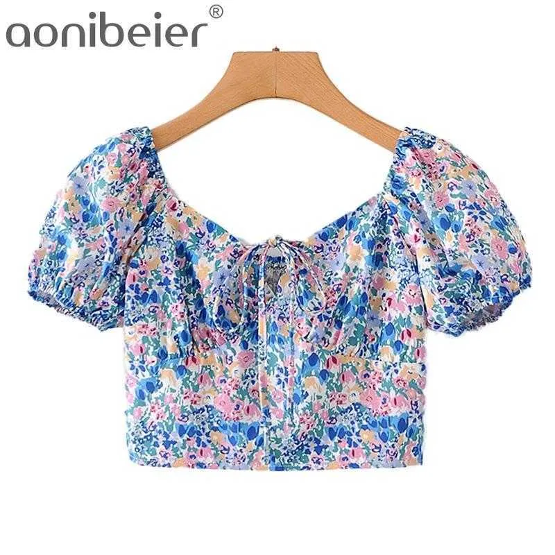 Floral Print Girls Casual Holiday Crop Top Summer Cravate Avant Froncé Retour Sweetheart Blouses Puff Sleeve Slim Femmes 210604