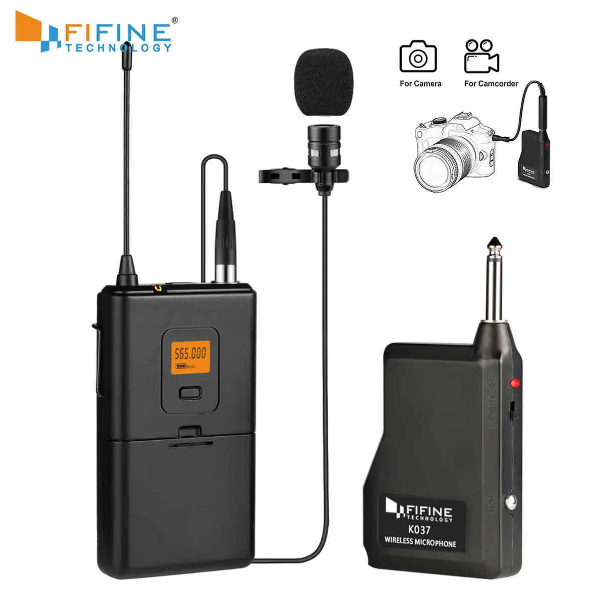 Fifine 20-Channel UHF Wireless Lavalier Microphone System with Bodypack Transmitter Lapel Mic Receiver camera/phones