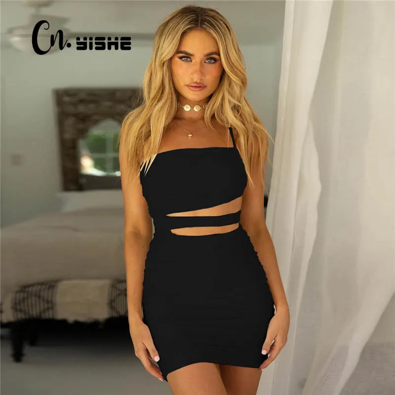 CNYISHE été une épaule robe femmes mode solide décontracté sans manches creux Sexy gaine robe femmes robes femmes Robes 210419