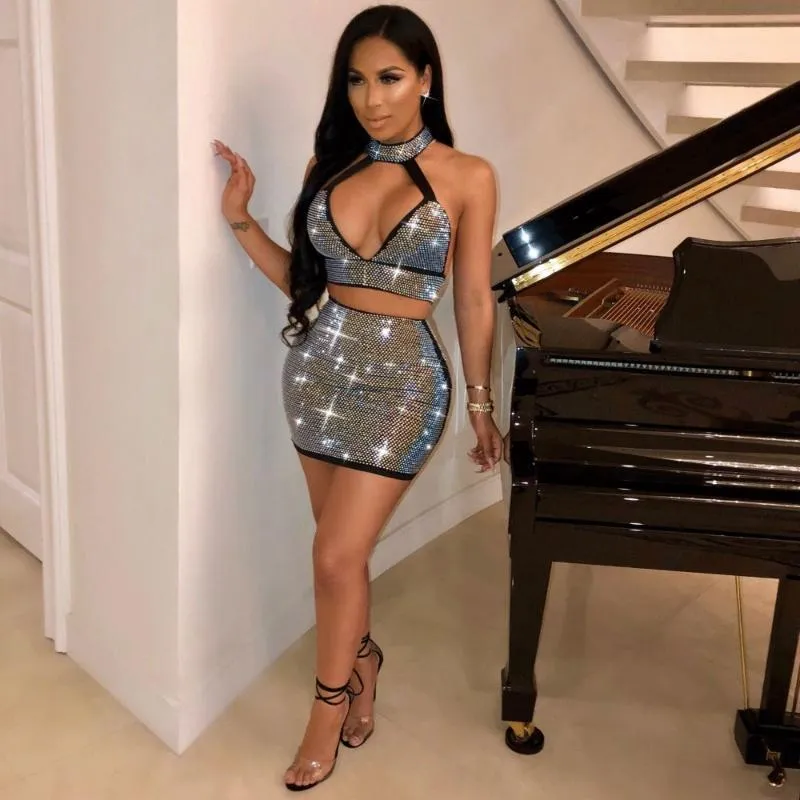 DHgate Womens 2 Piece Rhinestone Sexy Set Black and White Deep V Neck Cami Top and Mini Skirt Club Outfits Backless Two Piece Set Apparel