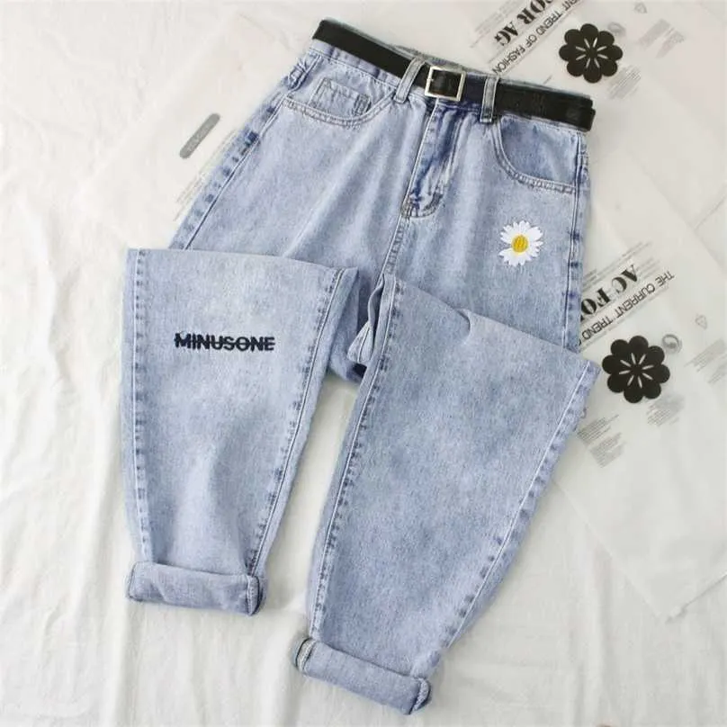 Daisy Embroidery Denim Jean Vrouwen Hoge Taille Jeans Plus Size Denim Harem Broek Mujer Vintage Casual Jeans Straight Women Pant 211112