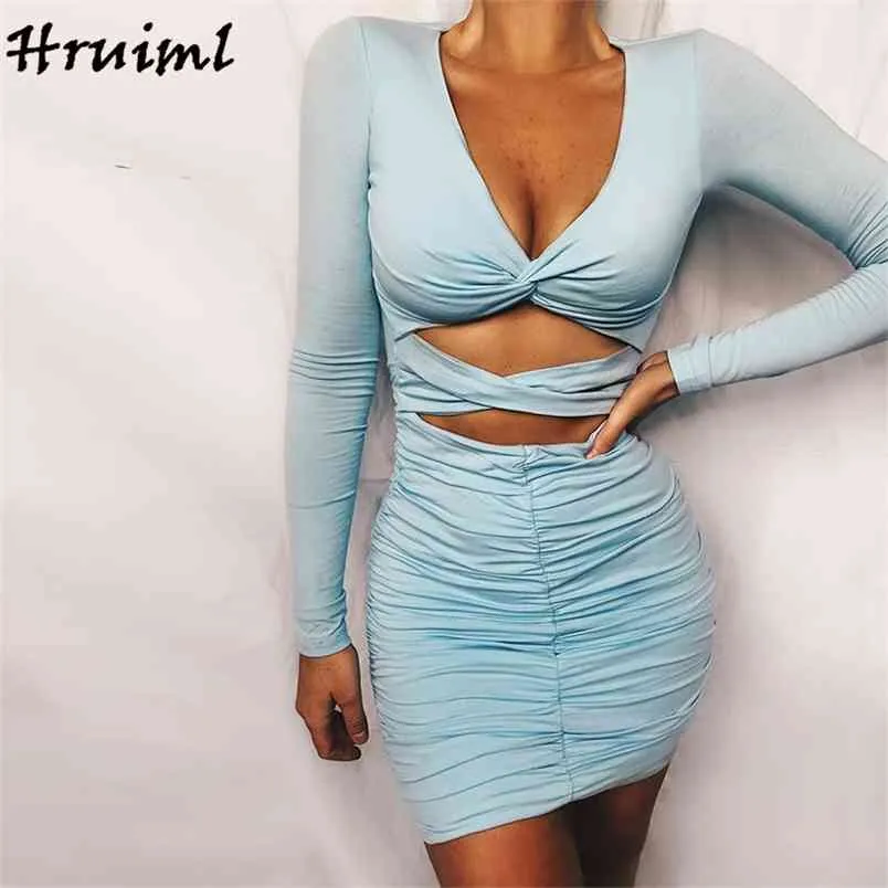 Long Sleeve Woman Dress Autumn Ruched Hollow Out V Neck Female Mini Sexy Backless Party Club Bodycon Vestidos Mujer 210513