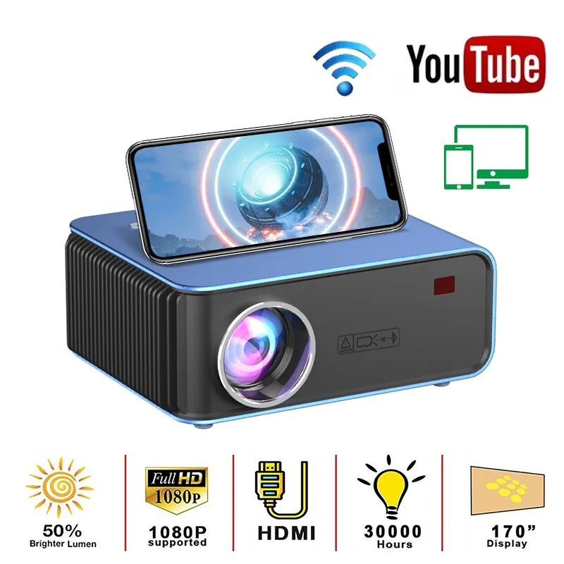 T4 LED Miniprojektor 1024x600P Stöd Full HD 1080P Youtube WiFi-video för telefon Hemmabio 3D Smart Movie Game