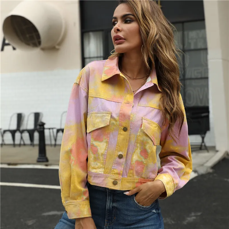 BLSQR Único Breasted Mulheres Tie Dye Casaco Casaco de Manga Comprida Casual Outono Outwear Feminino Streetwear Senhoras Colheita 210430