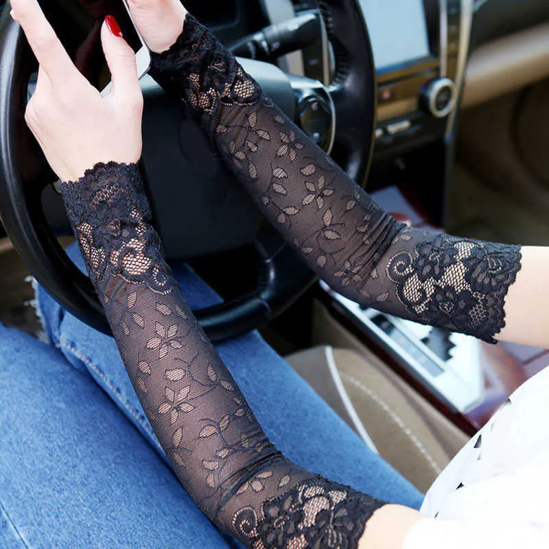 Mittens Summer Women Sexy Lace Covered Arm Sleeve Sunscreen Long Lace Fingerless Mittens Elastic Sleeve Ladies Driving Gloves Y0827