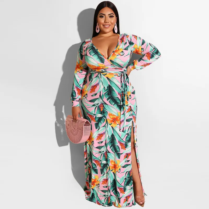 Boho Print Maxi Dress for Women - Long Sleeve V-Neck, Loose Split, Bandage Detail, Plus Size 5XL - Perfect for Holiday, Evening Parties, and formal