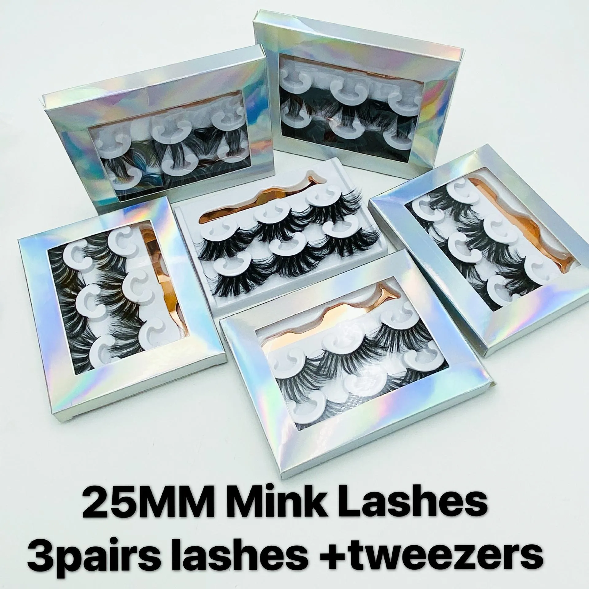 Faux cils de vison de 25 mm dramatiques longs vaporeux moelleux 5D 3 paires de faux cils épais avec une pince à épiler dans une boîte laser argentée emballant 6 styles pour l'option 20 ensembles beaucoup