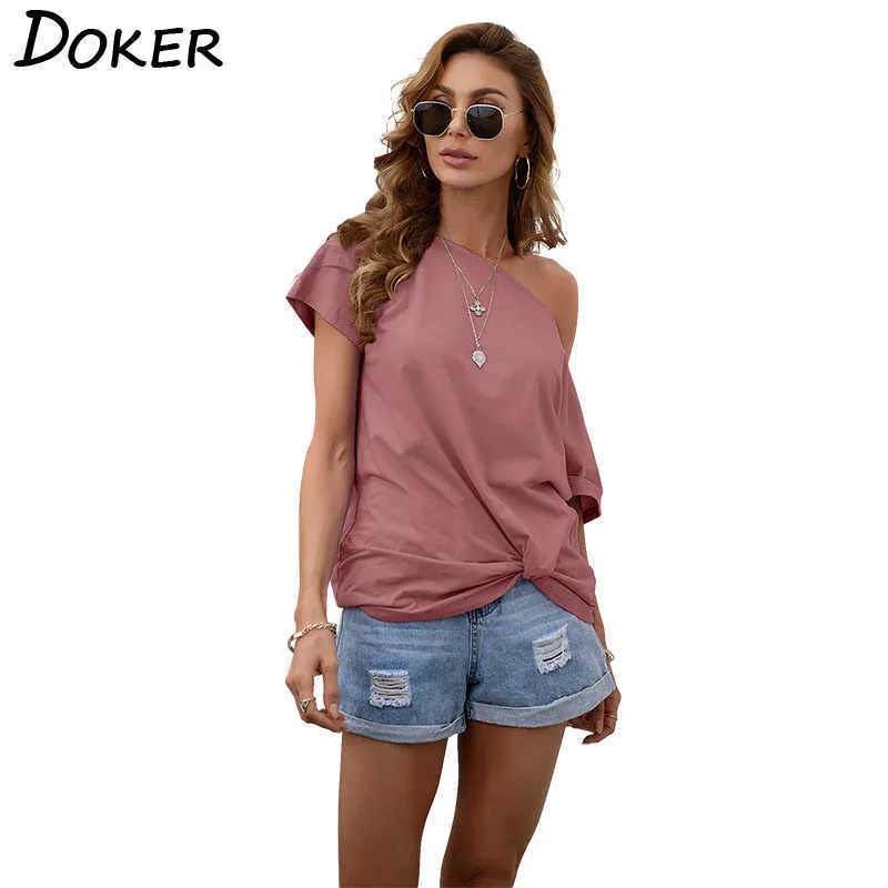 夏のソリッドカラーoネックティーシャツフェムメセクシーなオフ肩の中でねじれた花斜めの襟カジュアルTシャツの女性210604