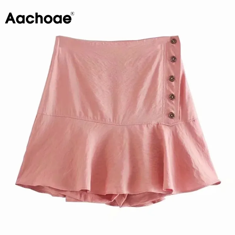 Aachoae Zomer Mode Roze Kleur Rok Shorts Vrouwen Solid Chic Knop Vrouwelijke Ruches Dame Strand Korte Ropa Mujer 210413