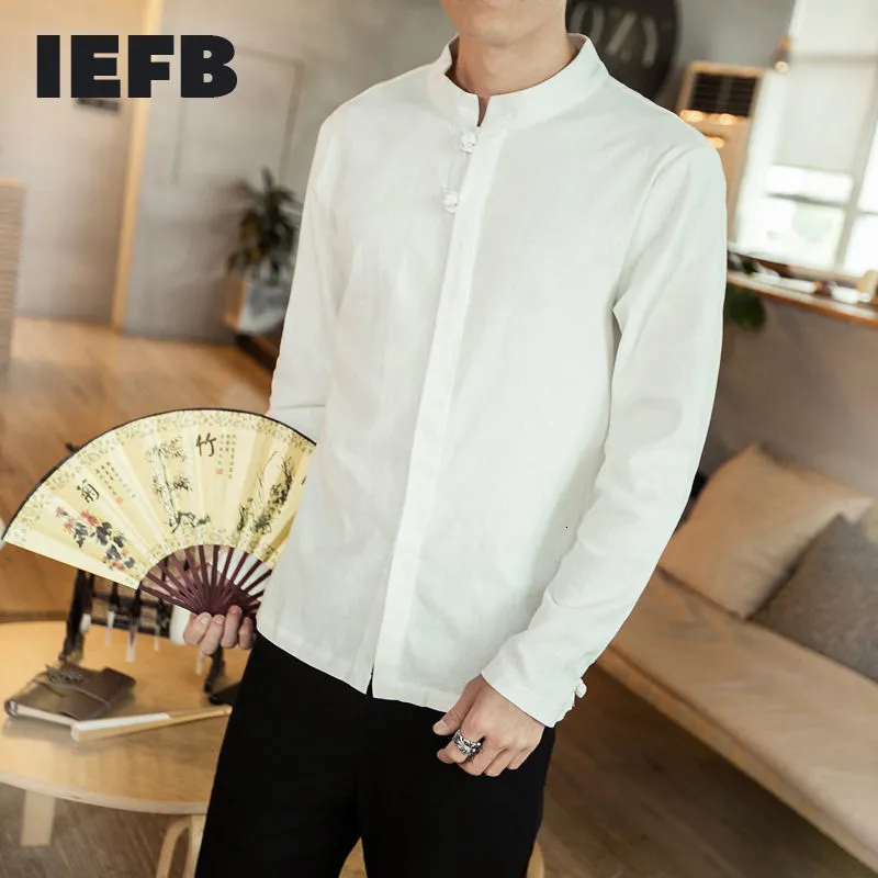 IEFB Chinese Style Cotton Hemp Large Size Shirt Men's Long Sleeve Stand Collar Tang Suit Tops Spring Summer 9Y6021 210524
