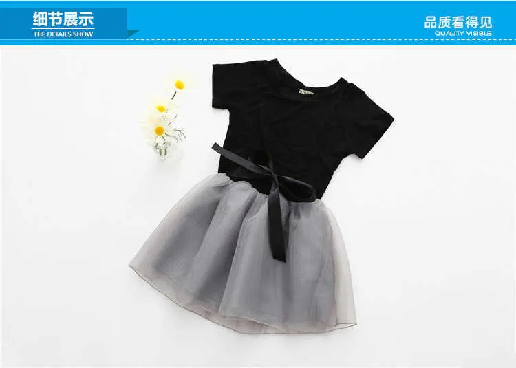  Summer 2-10 Years Teenager Kids Girl Birthday Party Elegant Princess Solid Colour Bow T Shirt+Lace Skirt 2 Piece Dress Sets (8)