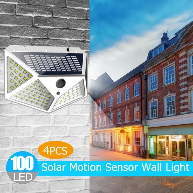 Street Lights 1/2/4 Pcs Outdoor 100 LED Solar Power Wall Light PIR Motion Sensor Waterproof White Lamp For Garden Decoration