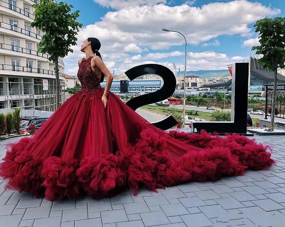 Luxurious Burgundy Halter second hand prom dresses with Crystals, Beading, Tulle Ball Gown, Ruffles, and Tiered Skirt - 2021 Formal Evening Glamour