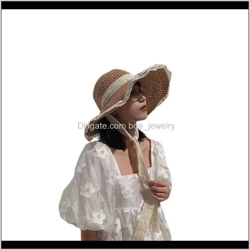 hat female straw korean style tide summer thin section breathable lace hollow small  windproof rope beach hats women wide brim