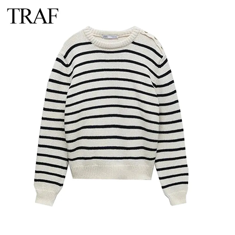 TRAF Maglione da donna primavera e autunno pullover manica lunga girocollo donna striscia stampata maglia moda retrò abbigliamento casual 211103