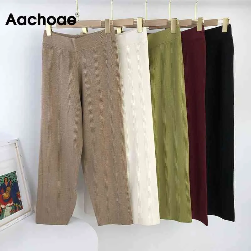 Aachoe Femmes Couleur Solide Couleur Lâche Pantalon Tricoté Casual Élastique Taille Élastique Dames Longueur de la cheville Pantalons De Femme Femme 210413